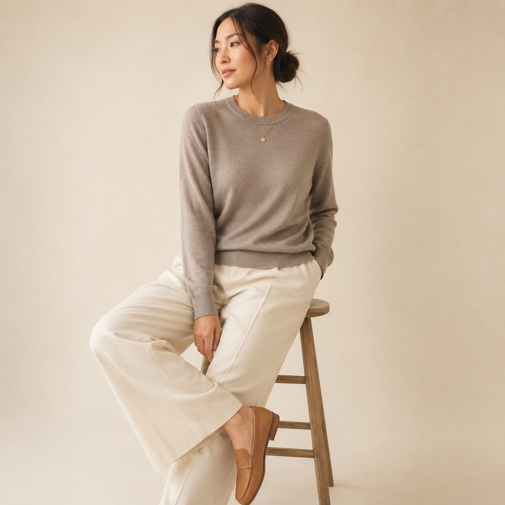 Katherine Barclay Merino Wool Crewneck Sweater XL Taupe Quiet Luxury CU6428-4109